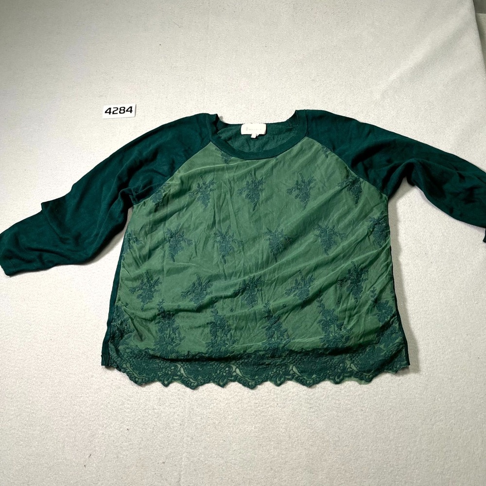 B Skies Are Blue Blouse Top Womens 1X Green Embroidered Floral‎ Raglan Sleeve